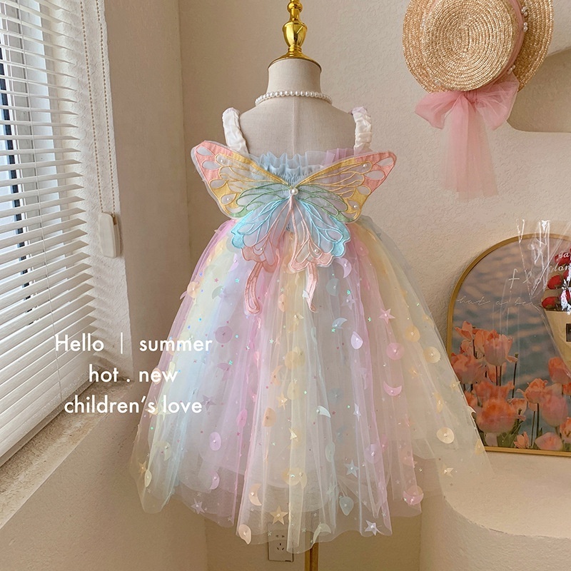 Hot sale baby girl party dress rainbow color kids tulle tutu princess dress with butterfly wings