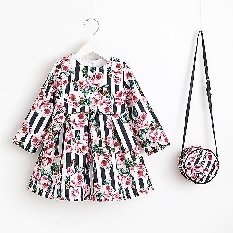 Girl Christmas Dress 2018 Spring Autumn Long Sleeve Floral Print Toddler Girl Dresses Kids Clothes Children Dress with Bag