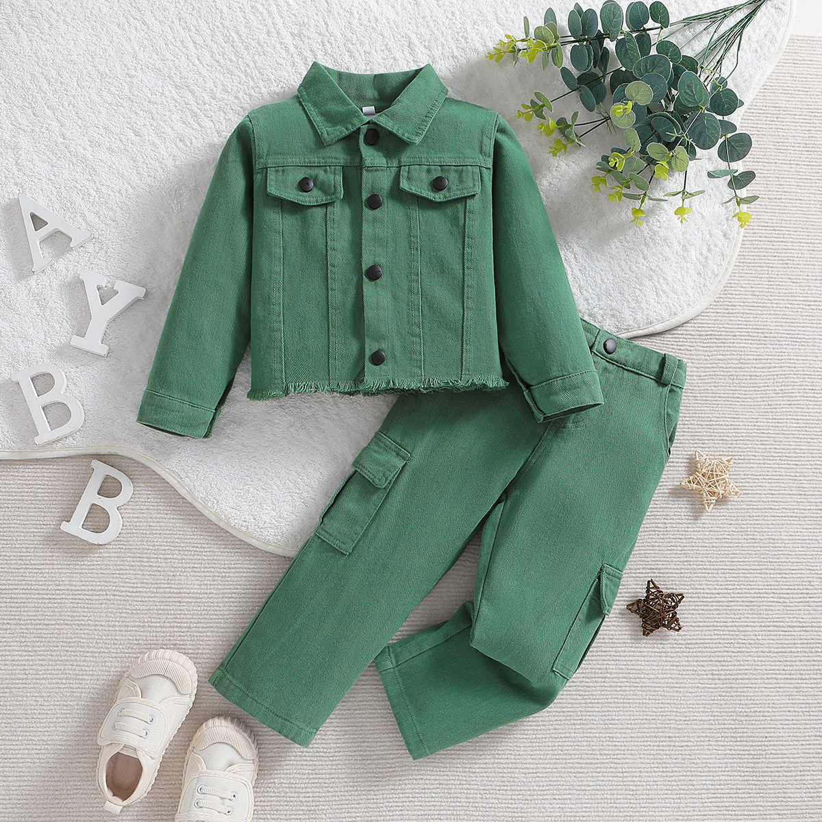 Autumn girls green color clothing sets kids button jacket pants 2pcs casual clothes set