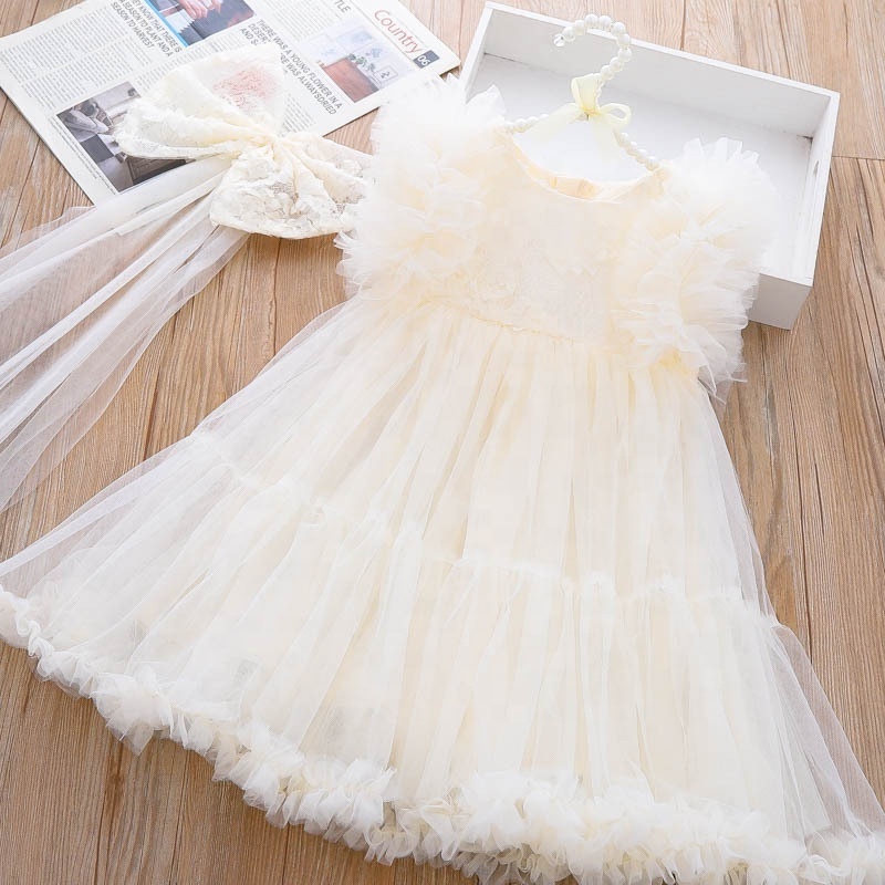 Girls Big Skirt Tutu Dress 2023 Summer New Children Puffy Yarn Princess Dress with Bow Tie Veil