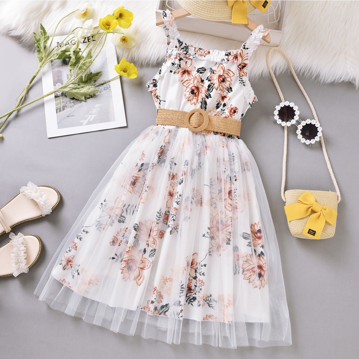 Summer Sweet Girls Floral Casual Princess Dress girls Flower Tulle  Dress With Belt Suit