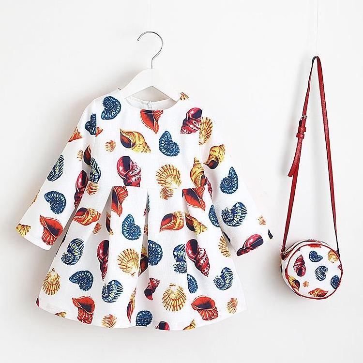 Girl Christmas Dress 2018 Spring Autumn Long Sleeve Floral Print Toddler Girl Dresses Kids Clothes Children Dress with Bag