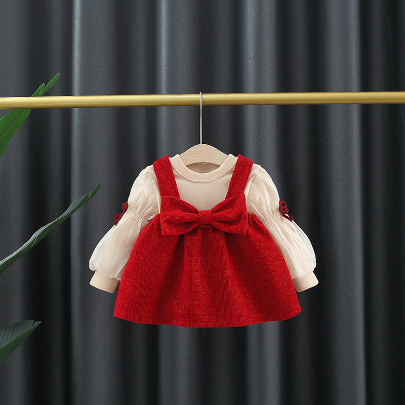 2022 Spring new design girls red bow dress with cute blouse clothing sets princess baby girls outfit