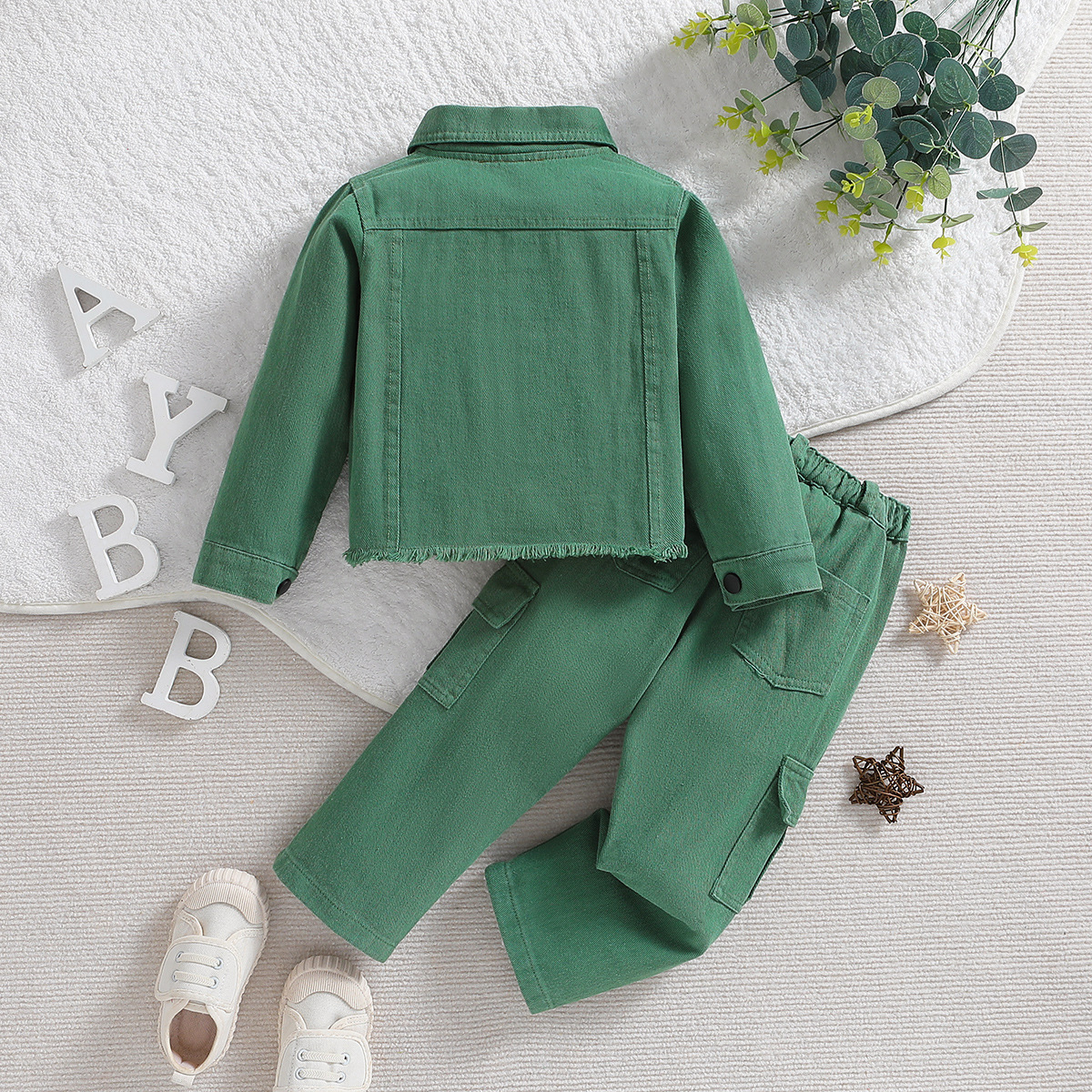 Autumn girls green color clothing sets kids button jacket pants 2pcs casual clothes set