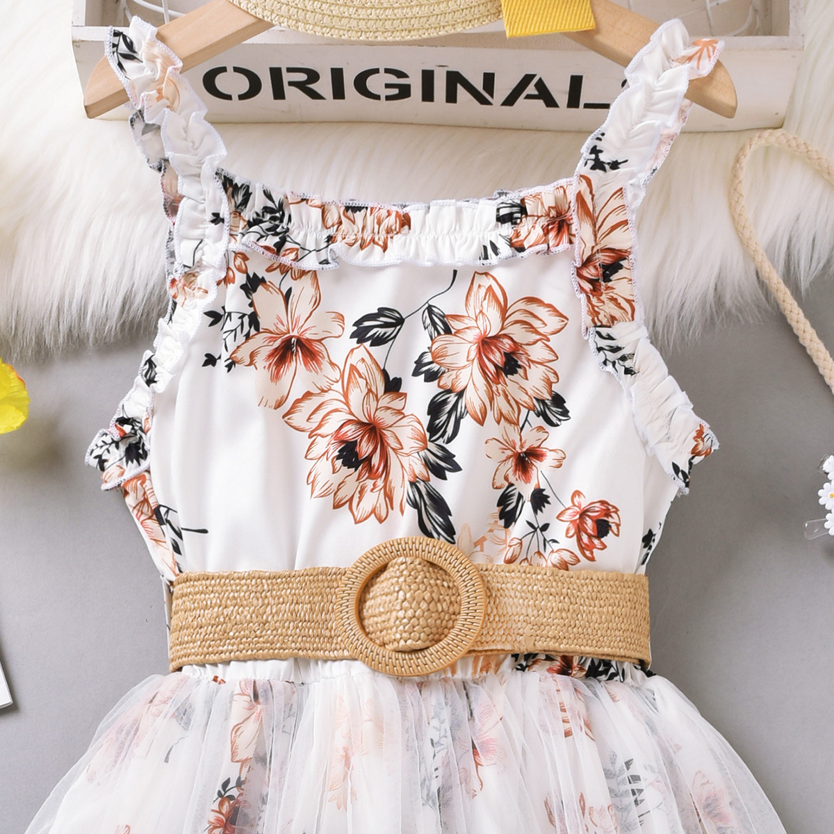 Summer Sweet Girls Floral Casual Princess Dress girls Flower Tulle  Dress With Belt Suit