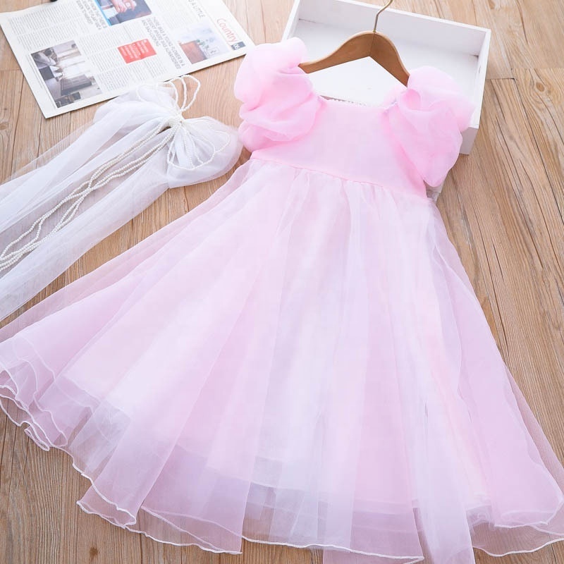 Girls Summer Dress 2023 New Dream Garden Princess Long Dress Pearl Bow Veil