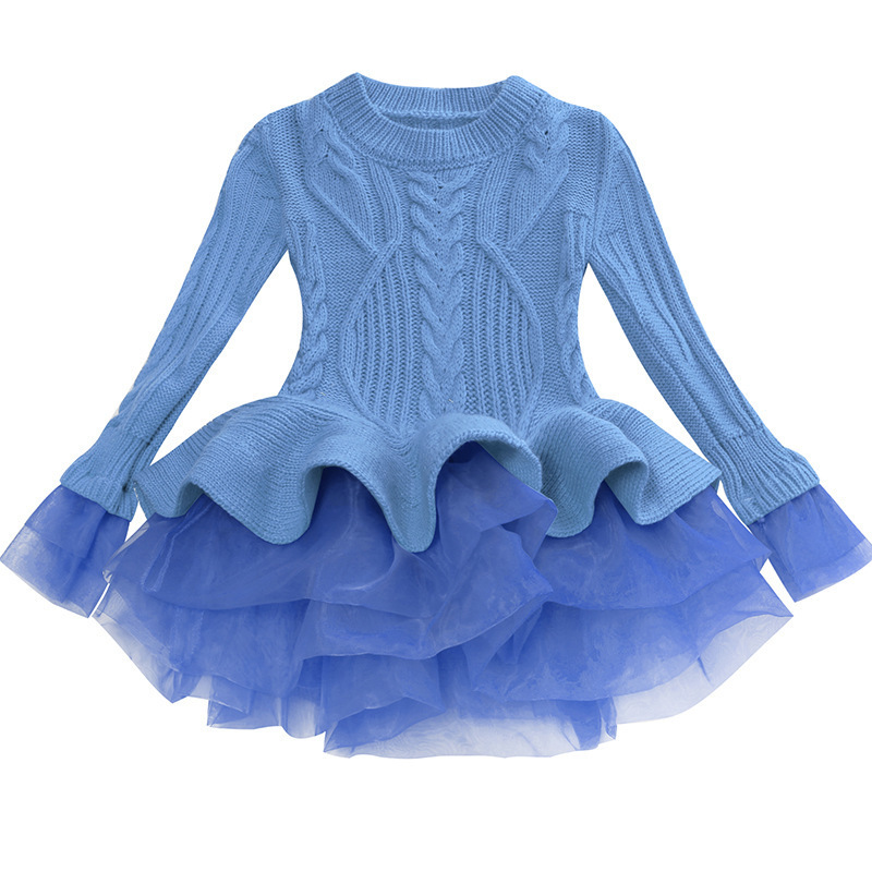 Toddler Kids Girls Solid Tulle Warm Sweater Dress Infant Baby Knitted Princess Dress Girl Long Sleeve Winter Fashion Dress