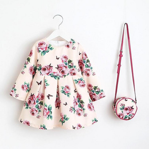 Girl Christmas Dress 2018 Spring Autumn Long Sleeve Floral Print Toddler Girl Dresses Kids Clothes Children Dress with Bag