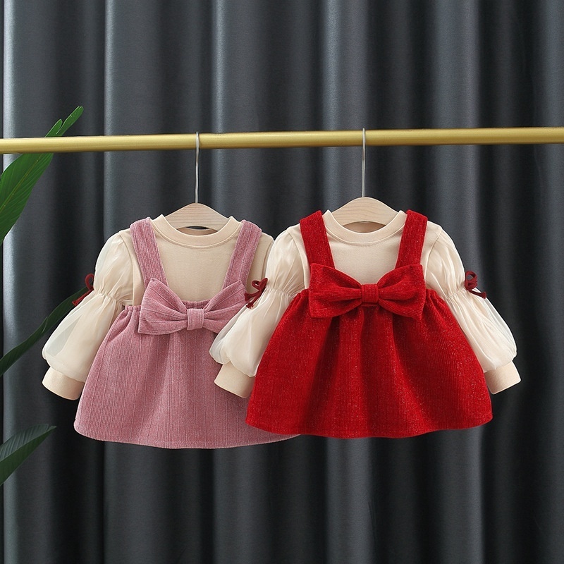 2022 Spring new design girls red bow dress with cute blouse clothing sets princess baby girls outfit