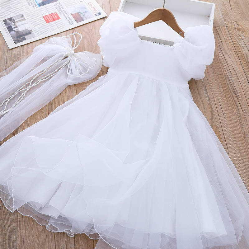 Girls Summer Dress 2023 New Dream Garden Princess Long Dress Pearl Bow Veil