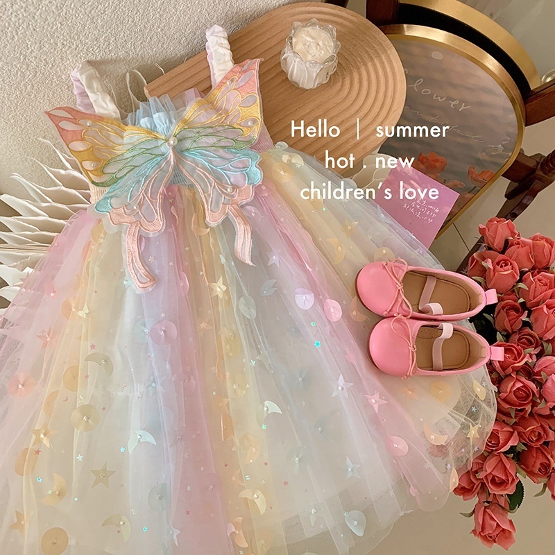 Hot sale baby girl party dress rainbow color kids tulle tutu princess dress with butterfly wings