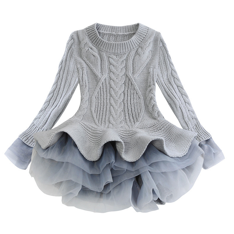 Toddler Kids Girls Solid Tulle Warm Sweater Dress Infant Baby Knitted Princess Dress Girl Long Sleeve Winter Fashion Dress