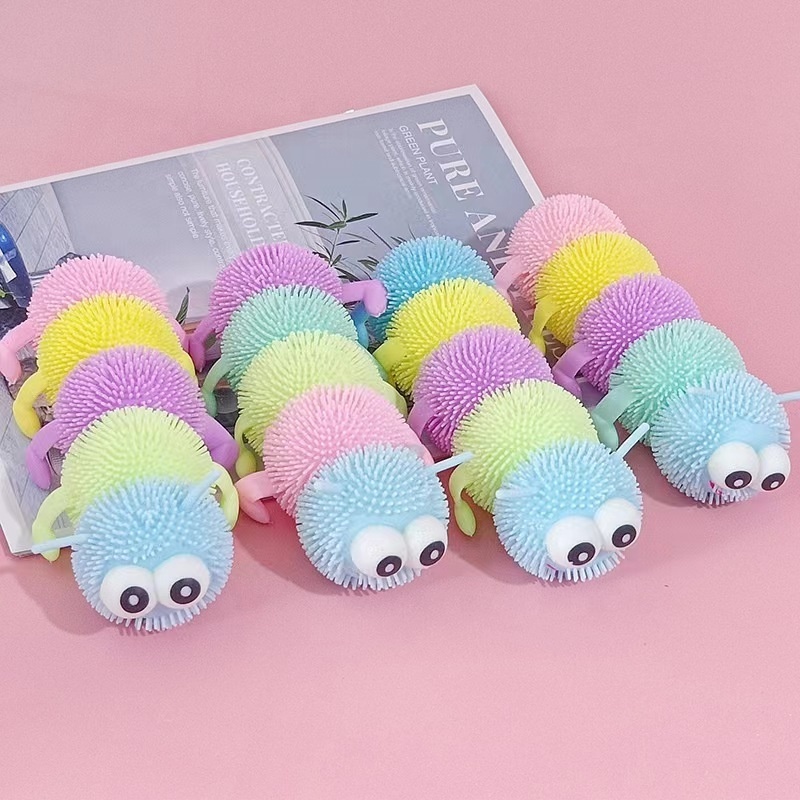 2024 wholesale Tpr Flashing Puffer Ball Lovely Colorful Caterpillar Puffer Ball for Kids Toy Soft Toy