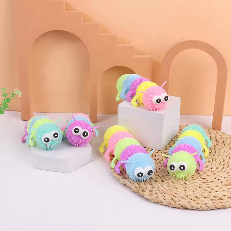 2024 wholesale Tpr Flashing Puffer Ball Lovely Colorful Caterpillar Puffer Ball for Kids Toy Soft Toy