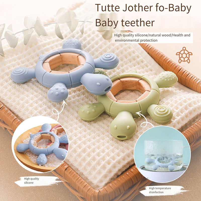 2024 Hotsale Food grade Baby Silicone Turtle Shapes Teethers Beech Wood Teething Ring Baby Wooden Teether Chewed Toys