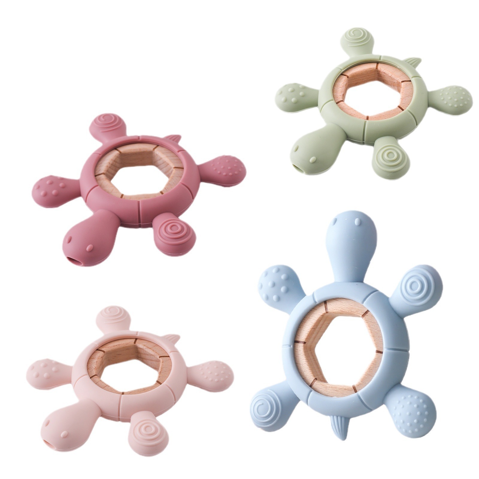 2024 Hotsale Food grade Baby Silicone Turtle Shapes Teethers Beech Wood Teething Ring Baby Wooden Teether Chewed Toys