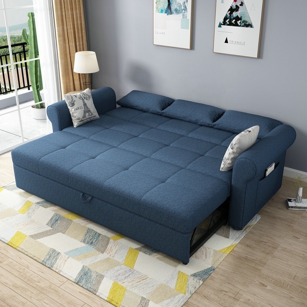 Blue color modern transformable fabric sofa bed folding futon