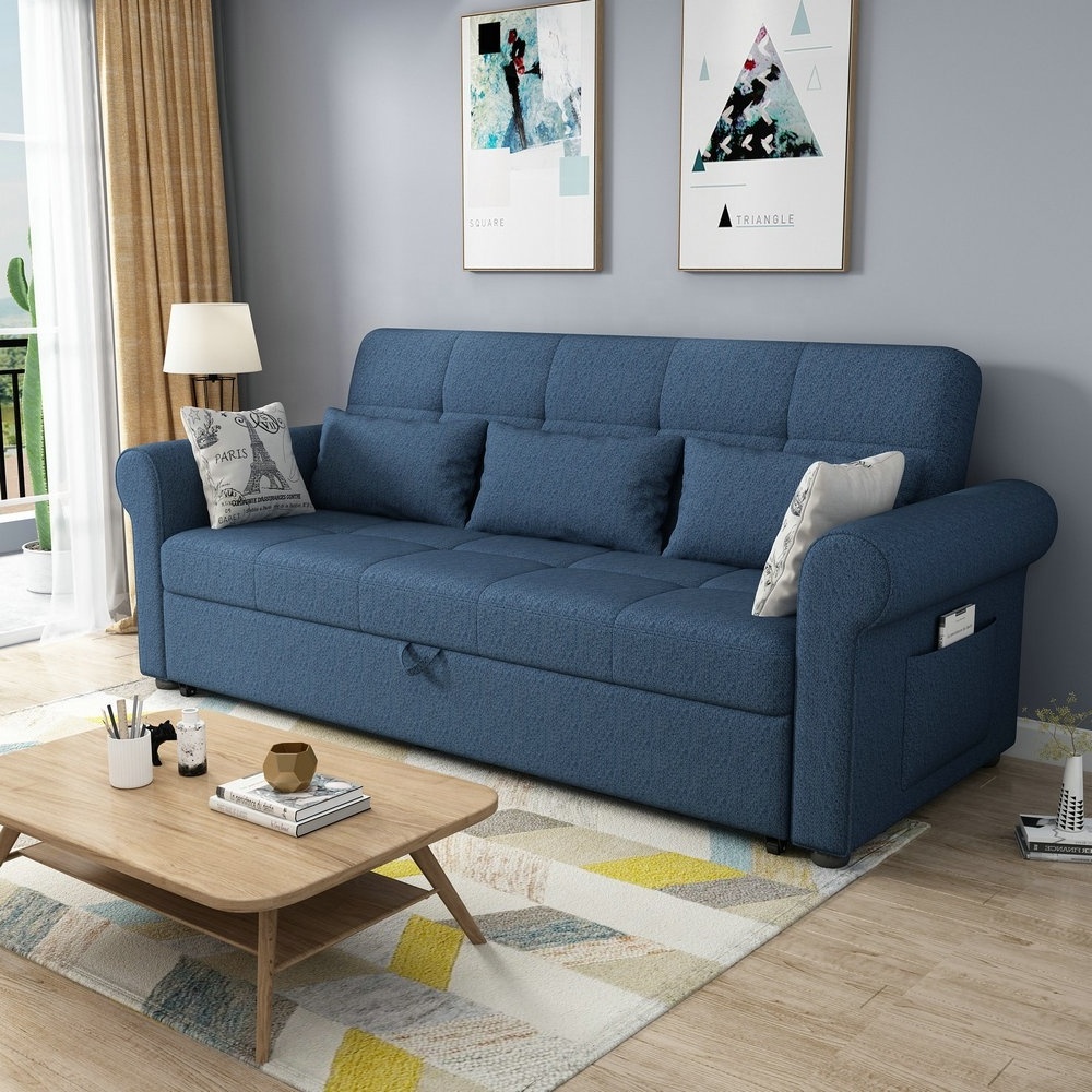 Blue color modern transformable fabric sofa bed folding futon