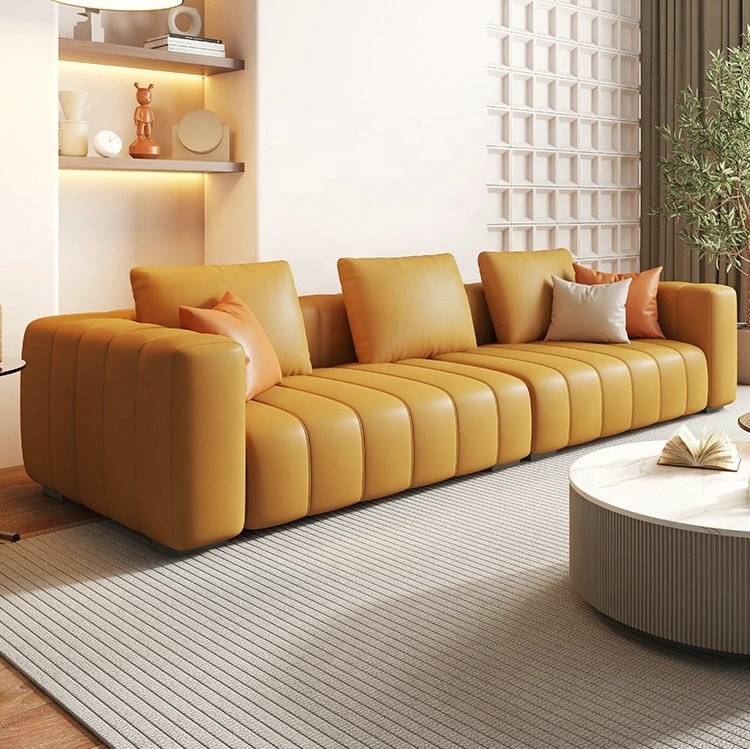 Modern Comfortable Upholstered Yellow Color Sectional Sofa Set Furniture Living Room I Shape Leather sofas