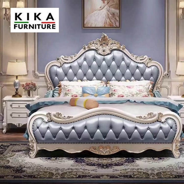 Champagne Gold Frame European French Style King Size Bedroom Furniture luxury Antique Royal PU Leather Bed