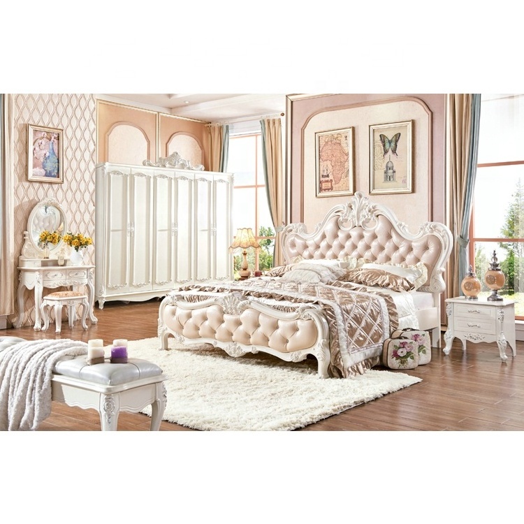 White Color European-Style Master Bedroom B4010# Luxury Carved French Royal Leather Bed