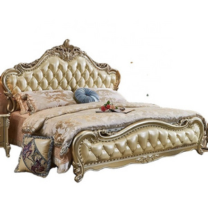 Champagne Gold Frame European French Style King Size Bedroom Furniture luxury Antique Royal PU Leather Bed