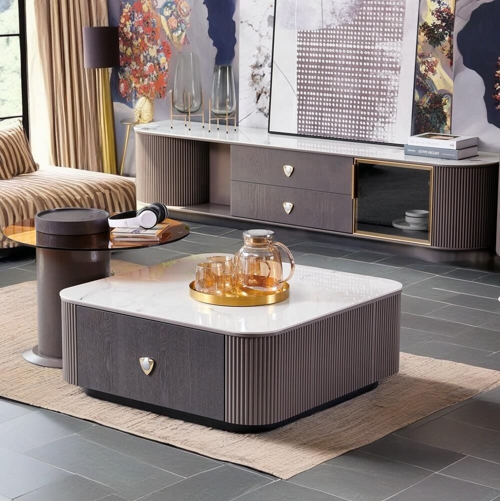 Modern Guest House Furniture Sintered Stone Top Coffee Table And TV Stand With Storage