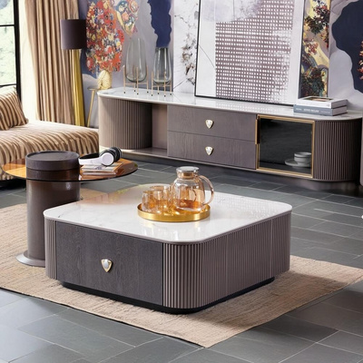 Modern Guest House Furniture Sintered Stone Top Coffee Table And TV Stand With Storage