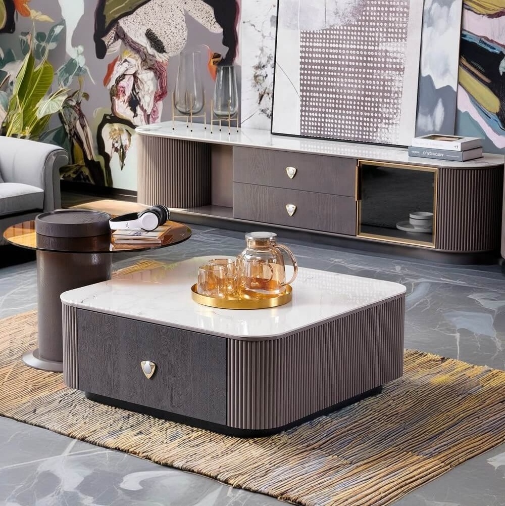 Modern Guest House Furniture Sintered Stone Top Coffee Table And TV Stand With Storage