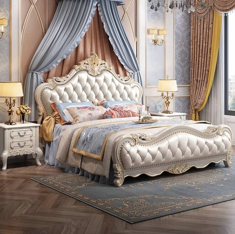 Champagne Gold Frame European French Style King Size Bedroom Furniture luxury Antique Royal PU Leather Bed