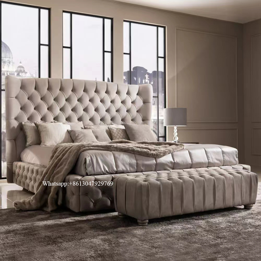 Italian designer button upholstered nubuck leather bed Home Luxury Furniture High Headboard Button Tufted King Size bed