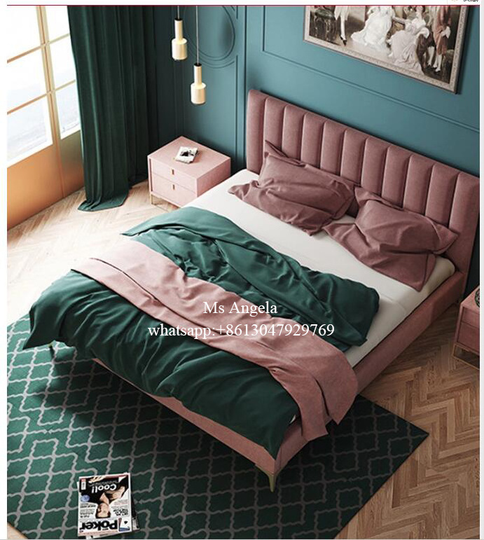 hot nordic Luxury Modern Fabric velvet Beds pink bed for gril princess King Queen Size double bed