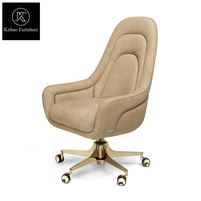 High end height adjustable chairman office chair luxury leather swivel chair with casters for head cream white office boss chair