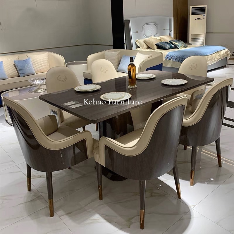 Luxury European Modern custom Design Leather White Dining Table Set 4 Chair 6 Chair Armchair Accent Dining Chairs Home Furniture