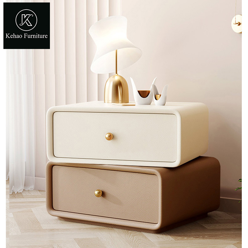 Factory Supply Modern Luxury Style rotate Nightstand Bedroom Furniture Beside Table white leather Wood Nightstands