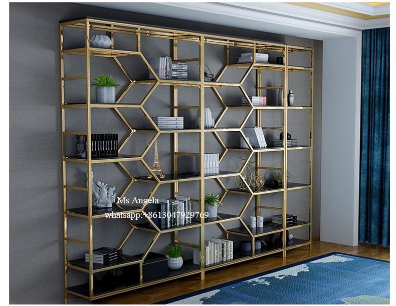 luxury modern Home Office Metal Gold stainless steel plate bookshelf new design Modular metal display book rack book shelf