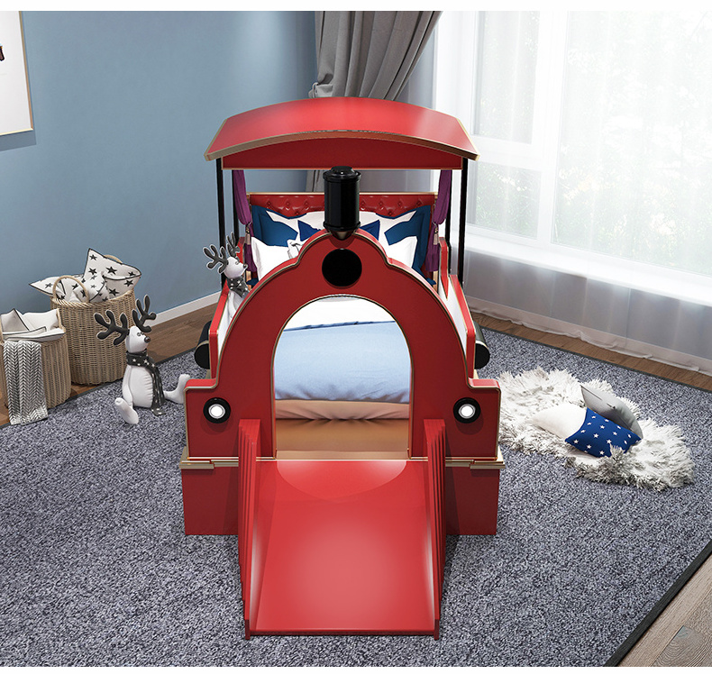 luxury children bedroom furniture sets double bed simulation car modeling and slide design solid wood kids bed blue for boy