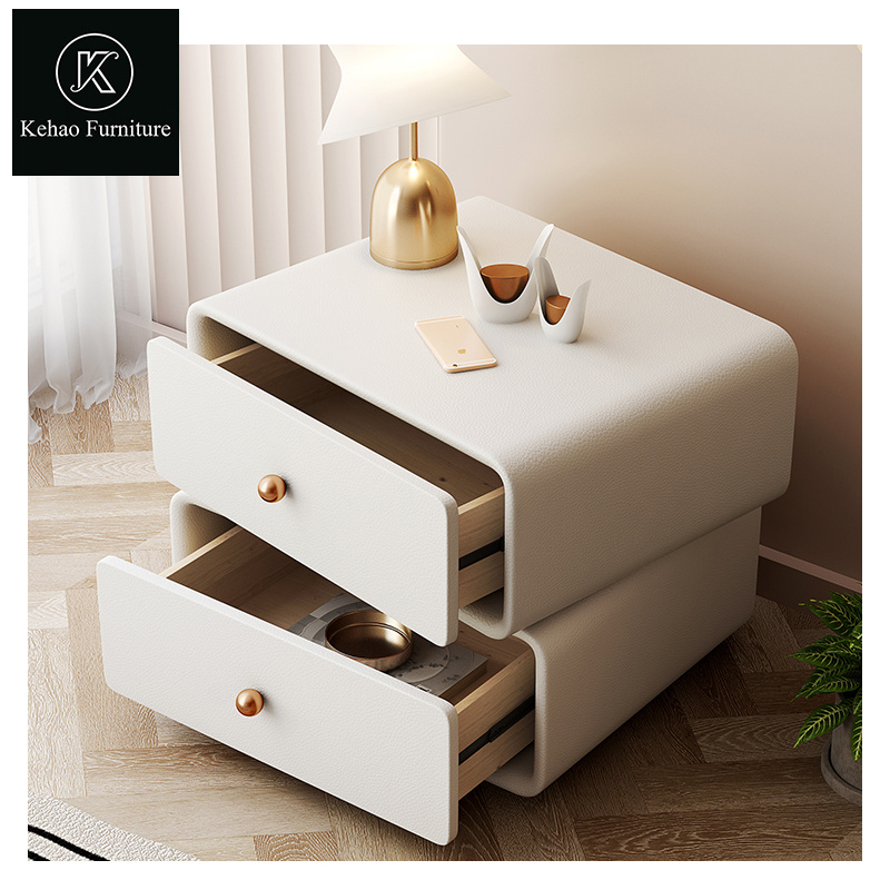 Factory Supply Modern Luxury Style rotate Nightstand Bedroom Furniture Beside Table white leather Wood Nightstands