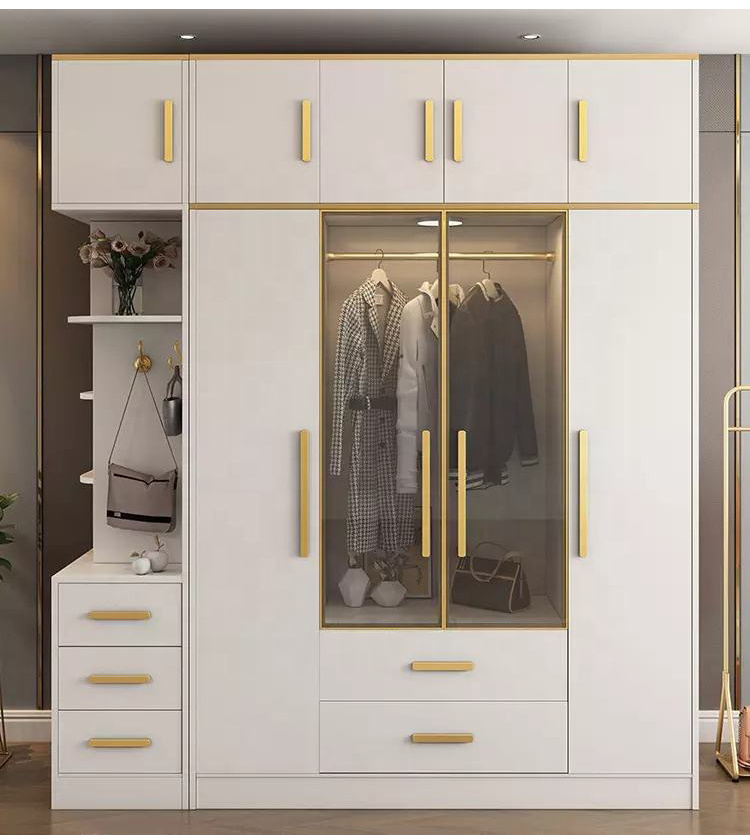 customized modern design bedroom furniture luxury white wooden wardrobe with glass clothes storage wardrobe closet organizer