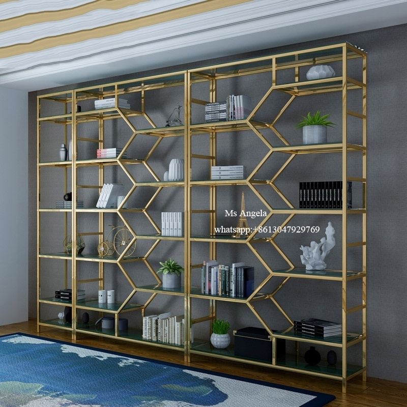 luxury modern Home Office Metal Gold stainless steel plate bookshelf new design Modular metal display book rack book shelf