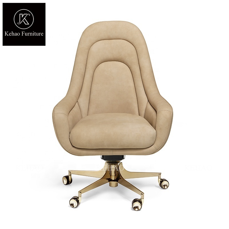 High end height adjustable chairman office chair luxury leather swivel chair with casters for head cream white office boss chair