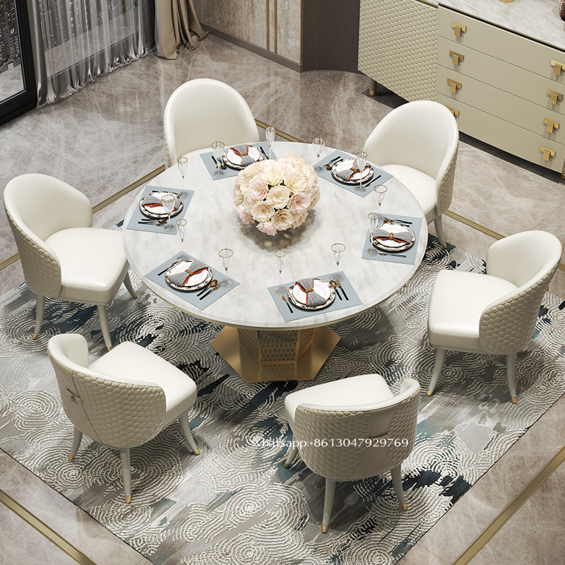 Italian luxury stainless steel frame round table with rotating center stone white marble top dining table with leather chairs