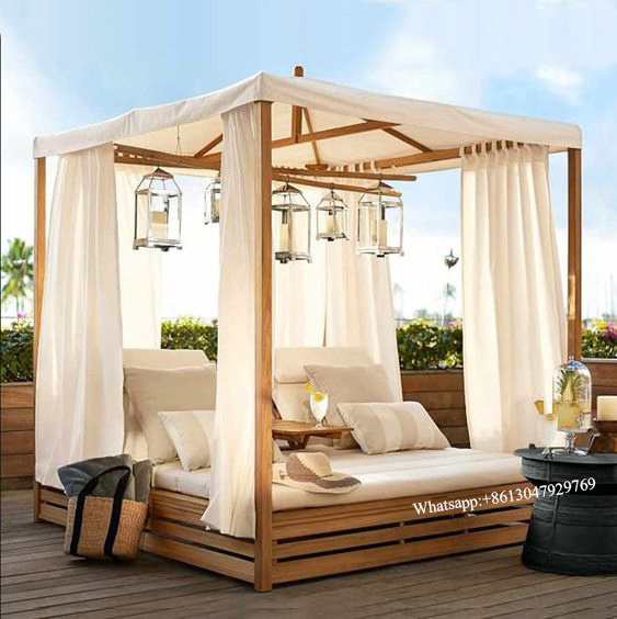 High end pool outdoor garden sets solid wood teak daybed double chaise lounge with canopy furniture