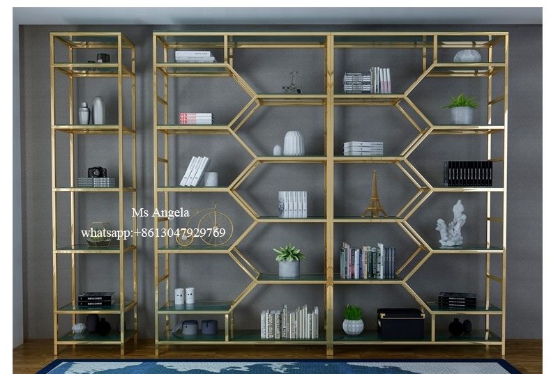 luxury modern Home Office Metal Gold stainless steel plate bookshelf new design Modular metal display book rack book shelf