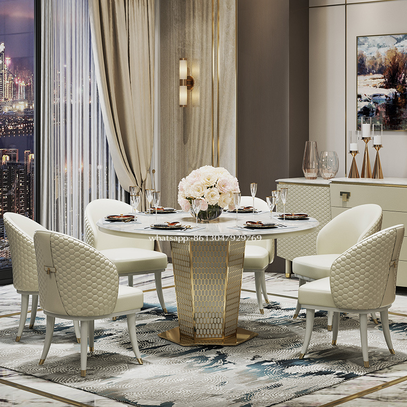 Italian luxury stainless steel frame round table with rotating center stone white marble top dining table with leather chairs