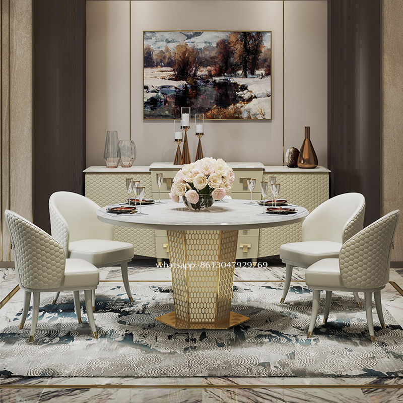 Italian luxury stainless steel frame round table with rotating center stone white marble top dining table with leather chairs