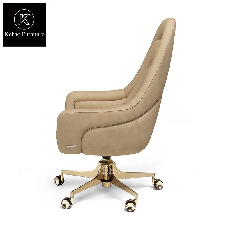 High end height adjustable chairman office chair luxury leather swivel chair with casters for head cream white office boss chair