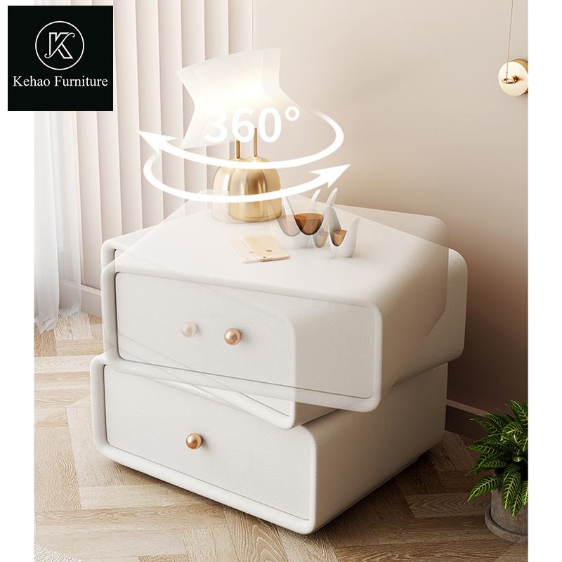 Factory Supply Modern Luxury Style rotate Nightstand Bedroom Furniture Beside Table white leather Wood Nightstands