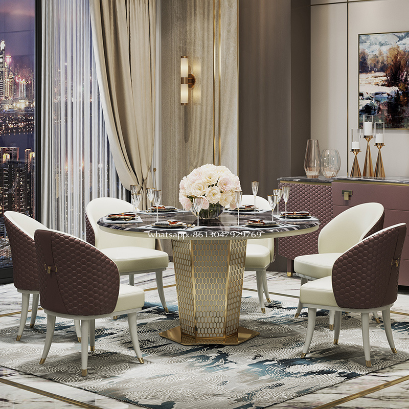 Italian luxury stainless steel frame round table with rotating center stone white marble top dining table with leather chairs