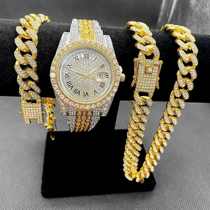 Full Iced Out Watches Mens Cuban Link Chain Bracelet Necklace Choker Bling Jewelry for Men Big Gold Chains Hip Hop Men Watch Set